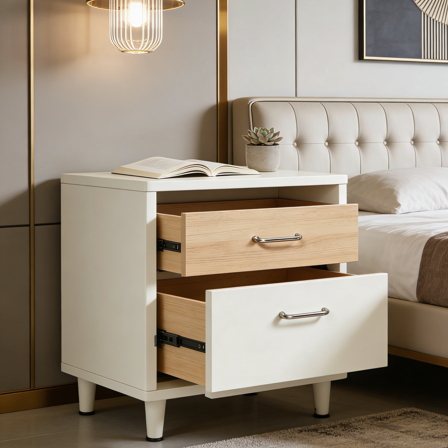 Cream & Wood 2-Drawer Nightstand - Mid-Century Modern Bedside Table with Tapered Legs