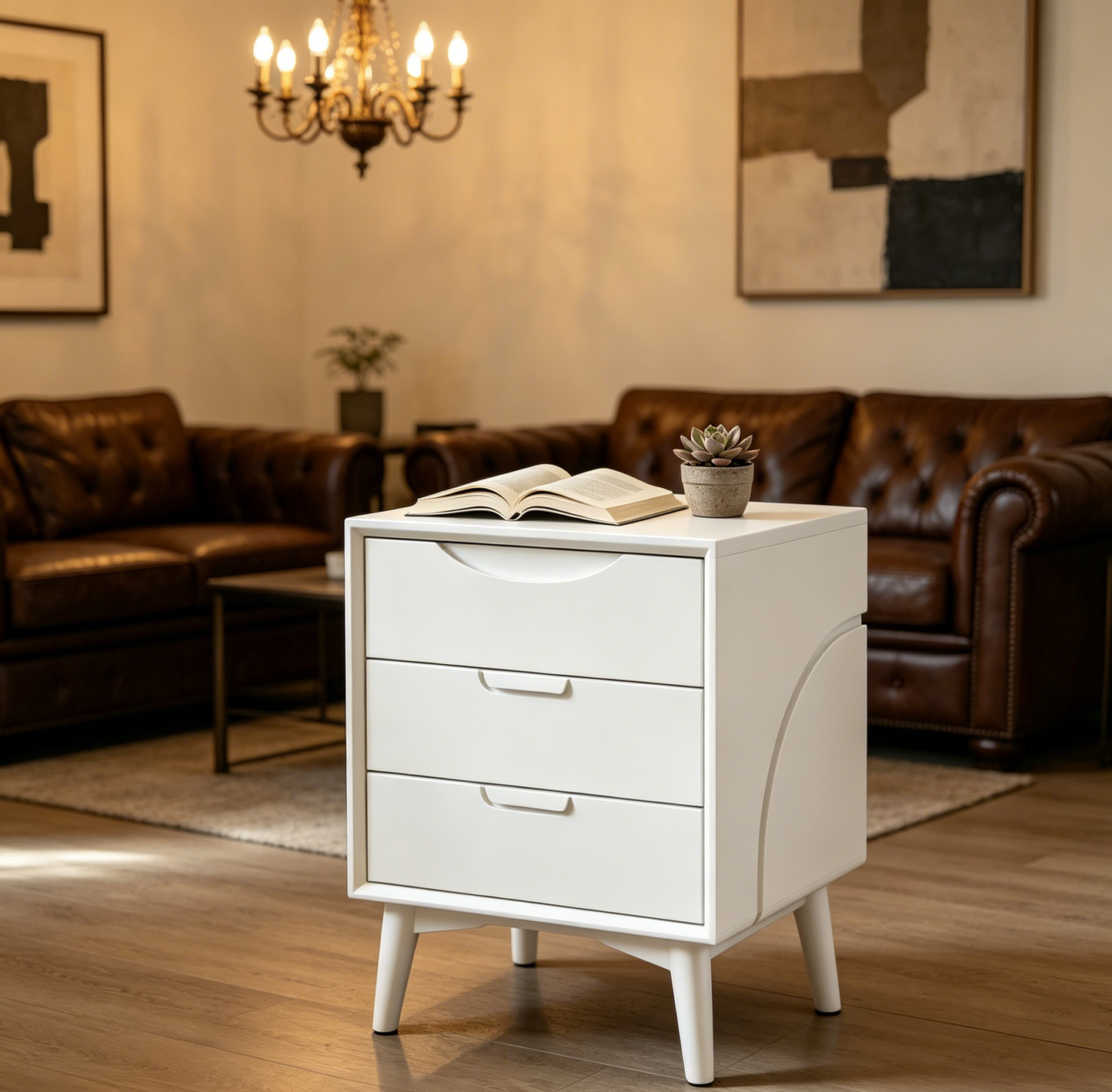 All-White Three-Drawer Curved Nightstand - Minimalist Nordic Bedside Storage Cabinet