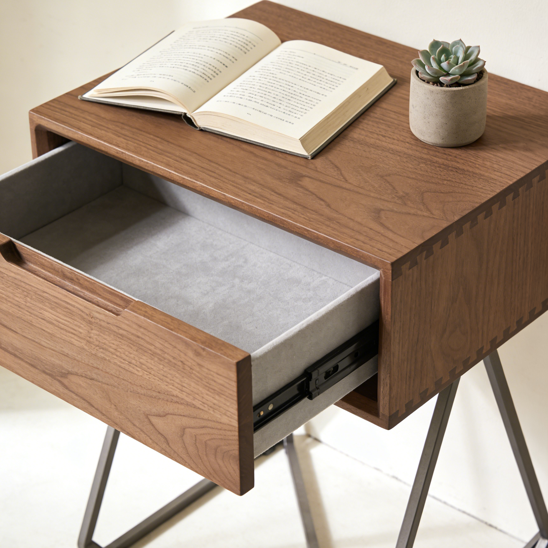 Walnut Wood Side Table with Drawer - Industrial Metal Frame Nightstand for Living Room & Bedroom