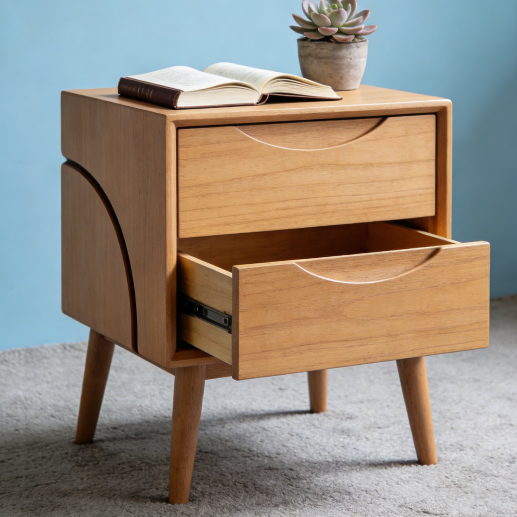 Curved Side Oak 2-Drawer Nightstand - Mid-Century Modern Bedside Table with Crescent Handles